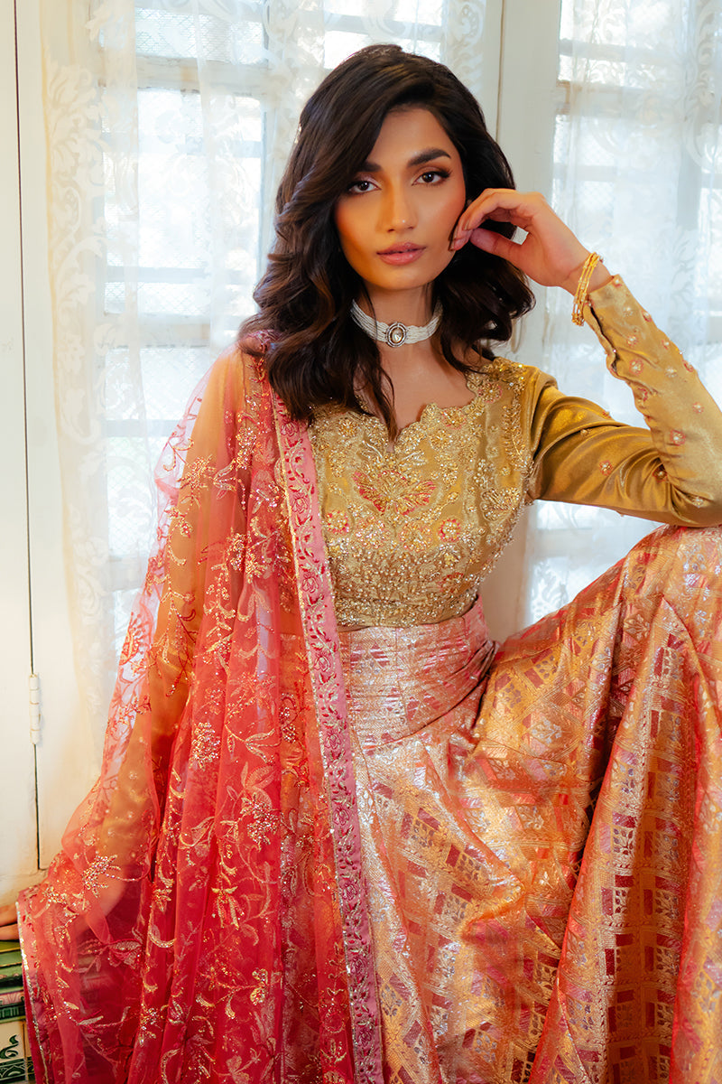 Women Wearing Iqra Gold Lehnga Choli for Formal Events - Pakistani Designer Wear for Women in UK | Kifat