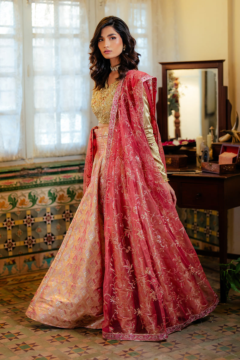 Women Wearing Iqra Gold Lehnga Choli for Formal Events - Pakistani Designer Wear for Women in UK | Kifat