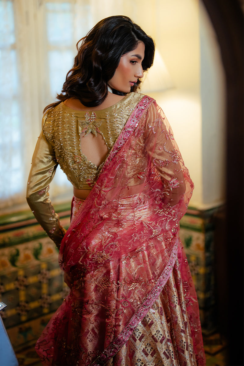 Women Wearing Iqra Gold Lehnga Choli for Formal Events - Pakistani Designer Wear for Women in UK | Kifat