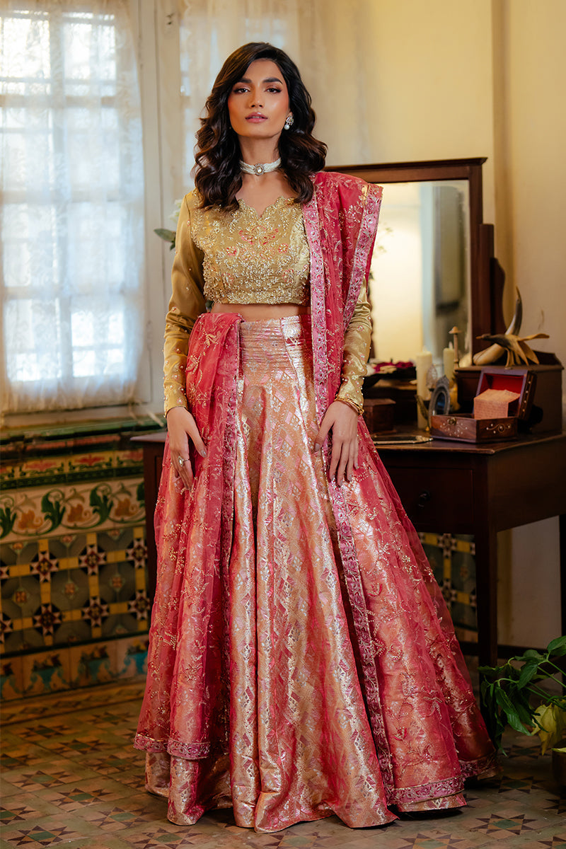 Women Wearing Iqra Gold Lehnga Choli for Formal Events - Pakistani Designer Wear for Women in UK | Kifat