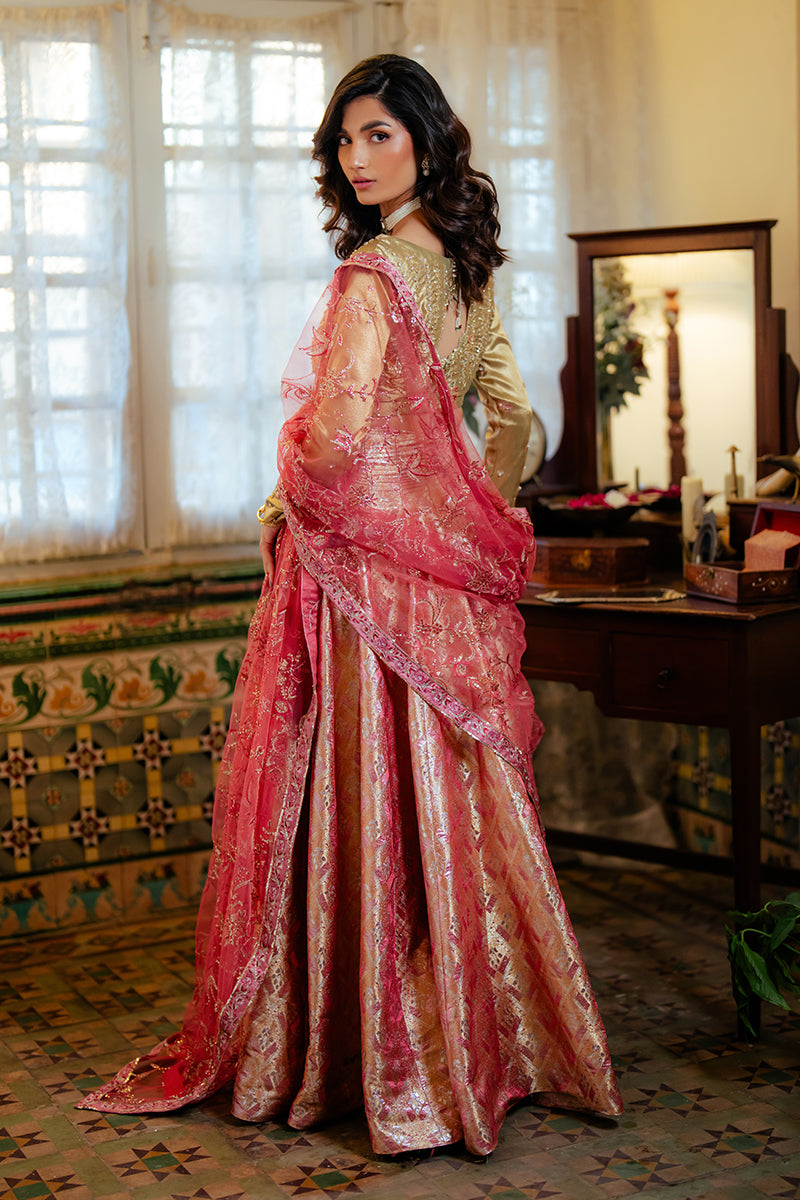 Women Wearing Iqra Gold Lehnga Choli for Formal Events - Pakistani Designer Wear for Women in UK | Kifat