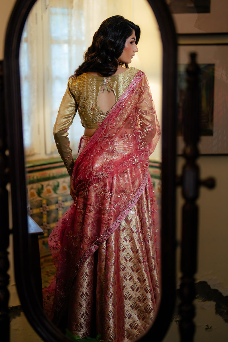 Women Wearing Iqra Gold Lehnga Choli for Formal Events - Pakistani Designer Wear for Women in UK | Kifat