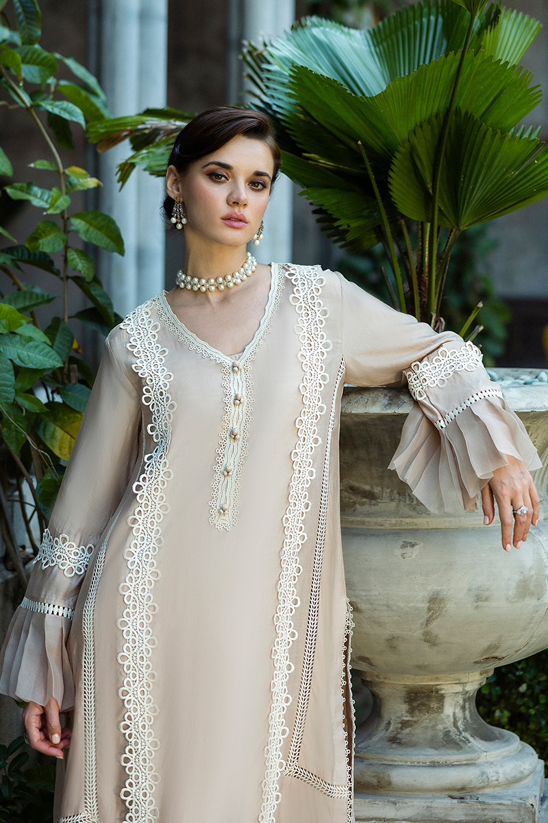 Women Wearing Leslie Ivory Long Shirt for Festive Events - Pakistani Designer Wear for Women in UK | Kifat