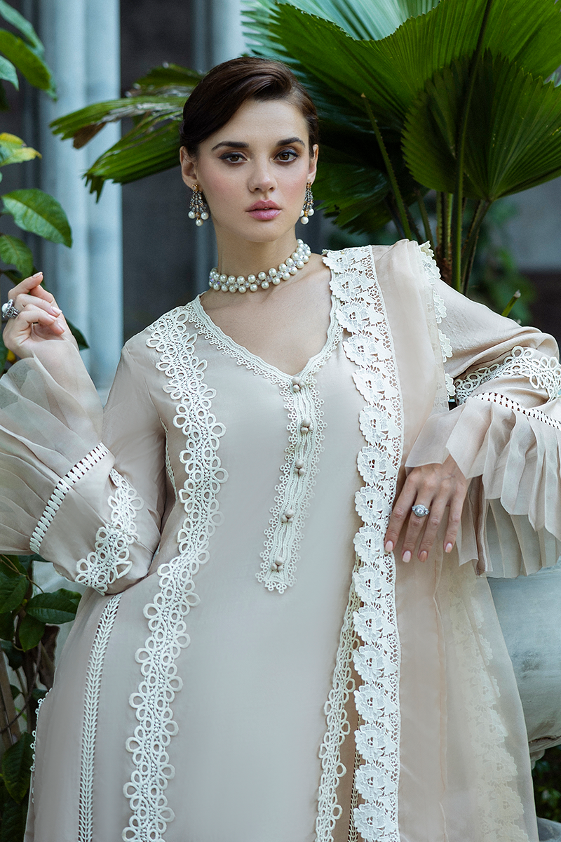 Women Wearing Leslie Ivory Long Shirt for Festive Events - Pakistani Designer Wear for Women in UK | Kifat