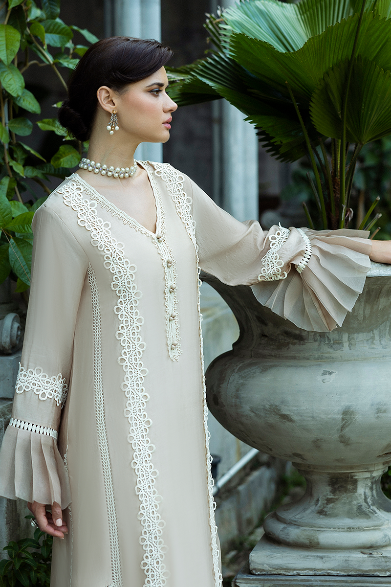 Women Wearing Leslie Ivory Long Shirt for Festive Events - Pakistani Designer Wear for Women in UK | Kifat
