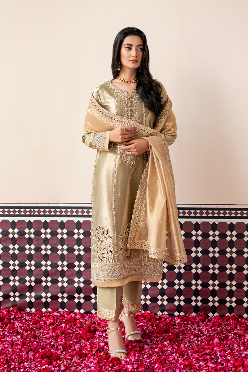 Women Wearing Soraya Gold And Silver Long Shirt for Formal Events - Pakistani Designer Wear for Women in UK | Kifat