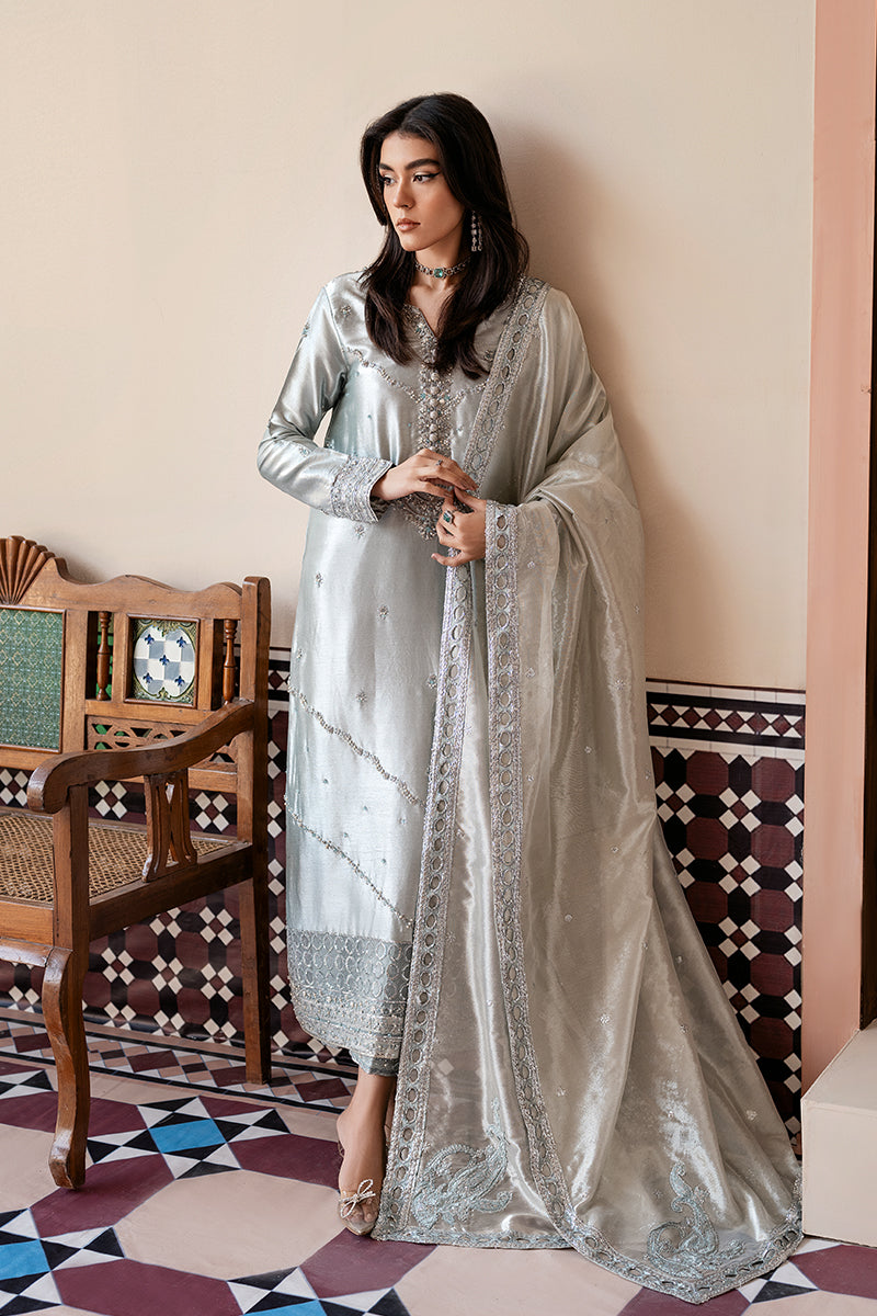 Women Wearing Sitareh Silver Blue Long Shirt for Formal Events - Pakistani Designer Wear for Women in UK | Kifat