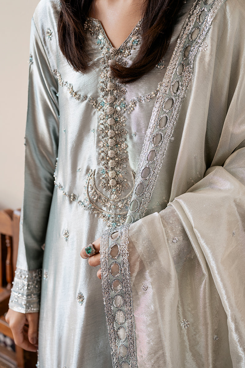 Women Wearing Sitareh Silver Blue Long Shirt for Formal Events - Pakistani Designer Wear for Women in UK | Kifat