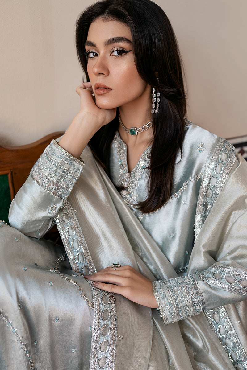 Women Wearing Sitareh Silver Blue Long Shirt for Formal Events - Pakistani Designer Wear for Women in UK | Kifat