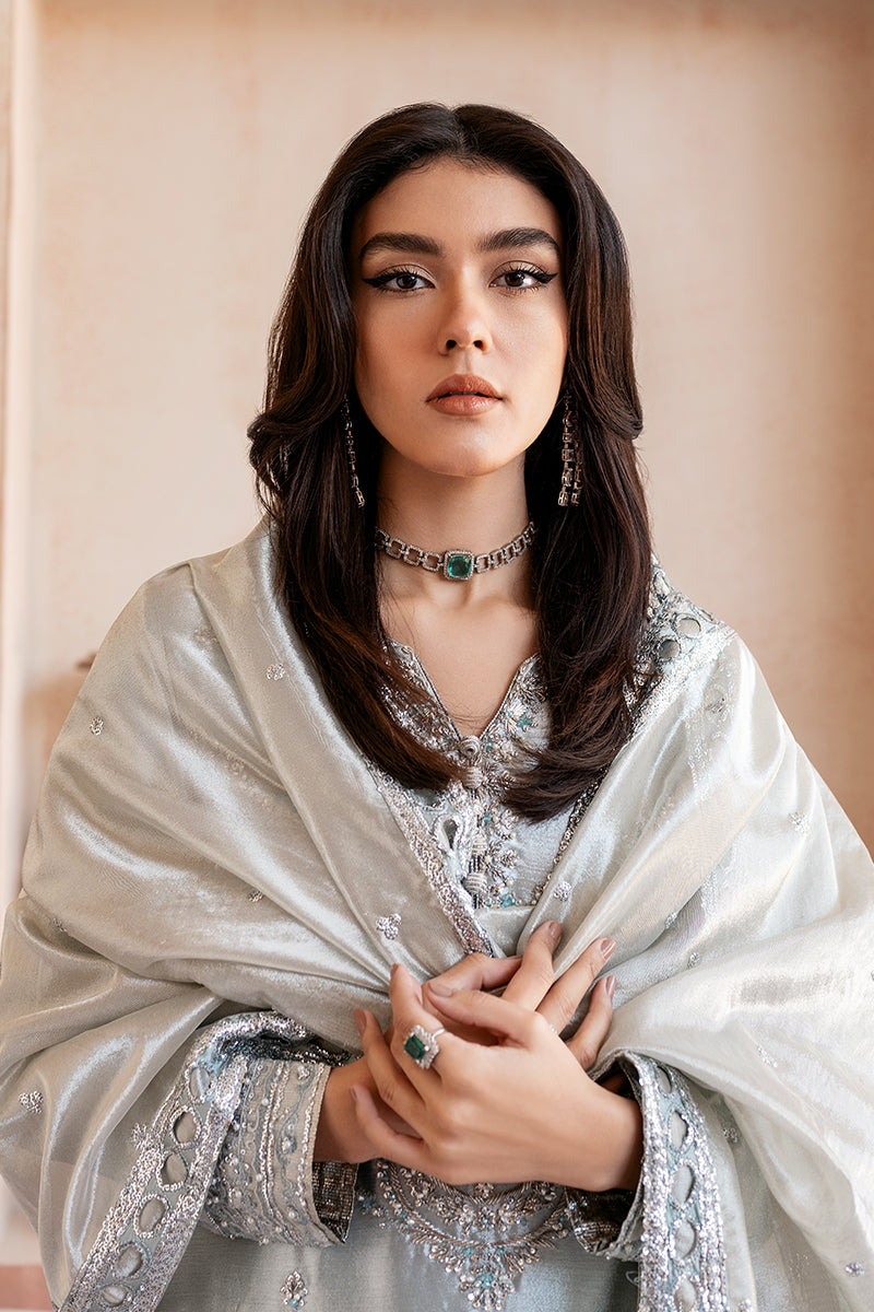 Women Wearing Sitareh Silver Blue Long Shirt for Formal Events - Pakistani Designer Wear for Women in UK | Kifat