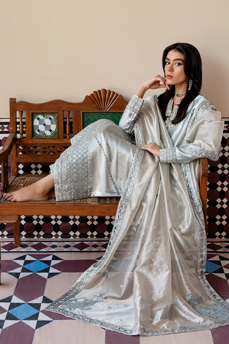 Women Wearing Sitareh Silver Blue Long Shirt for Formal Events - Pakistani Designer Wear for Women in UK | Kifat