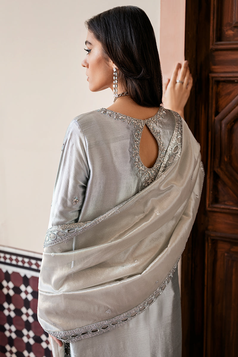 Women Wearing Sitareh Silver Blue Long Shirt for Formal Events - Pakistani Designer Wear for Women in UK | Kifat
