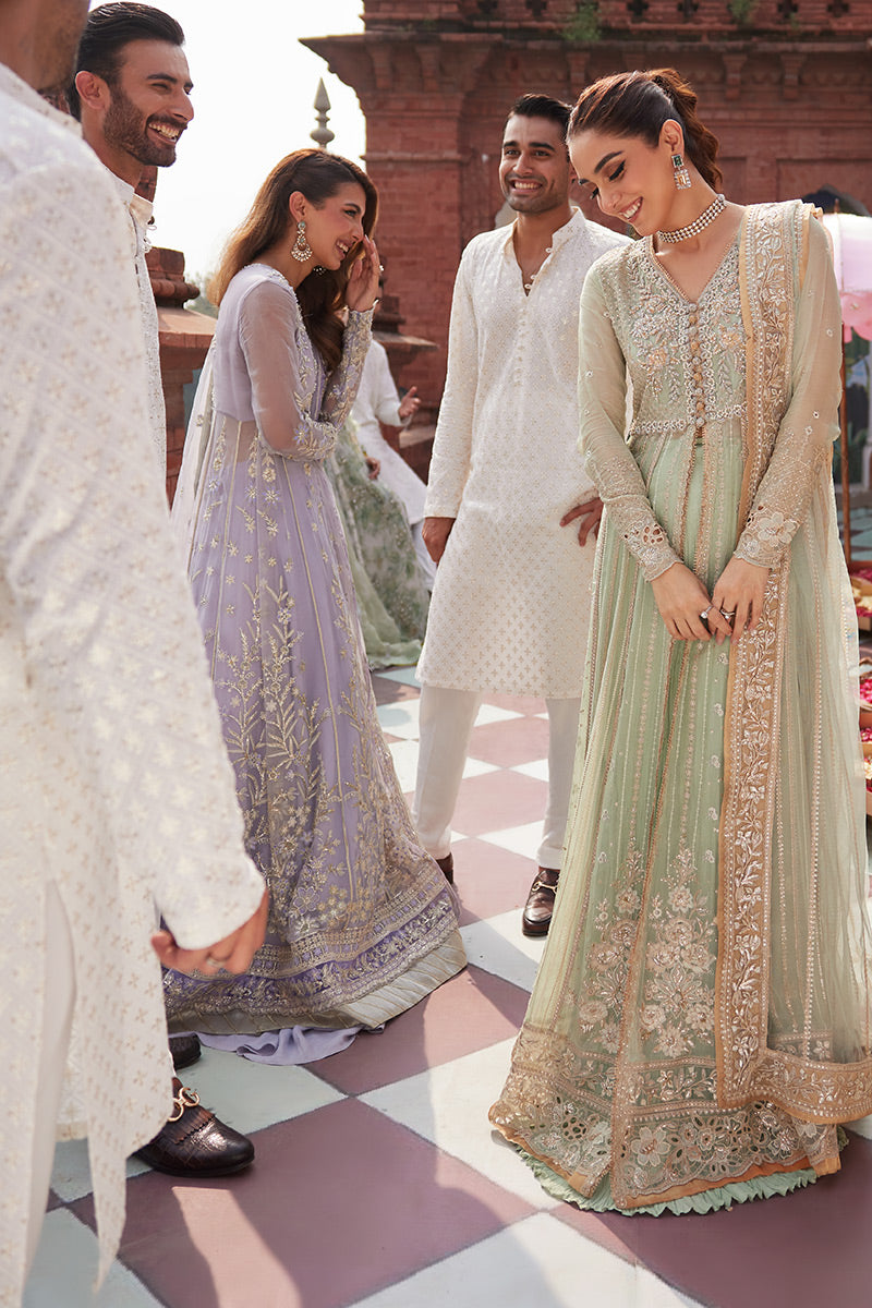 Women Wearing Shahana Mint Green Front Open Shirt with Sharara for Wedding Events - Pakistani Designer Wear for Women in UK | Kifat