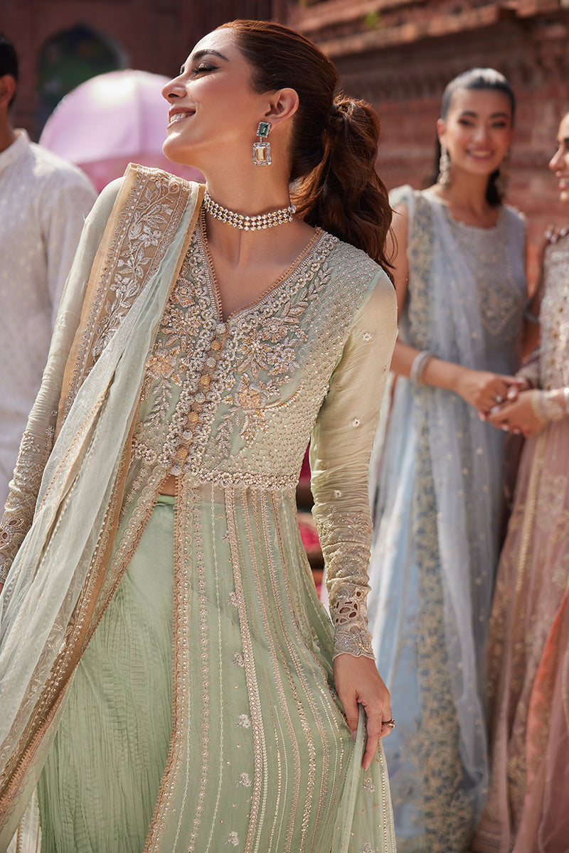 Women Wearing Shahana Mint Green Front Open Shirt with Sharara for Wedding Events - Pakistani Designer Wear for Women in UK | Kifat