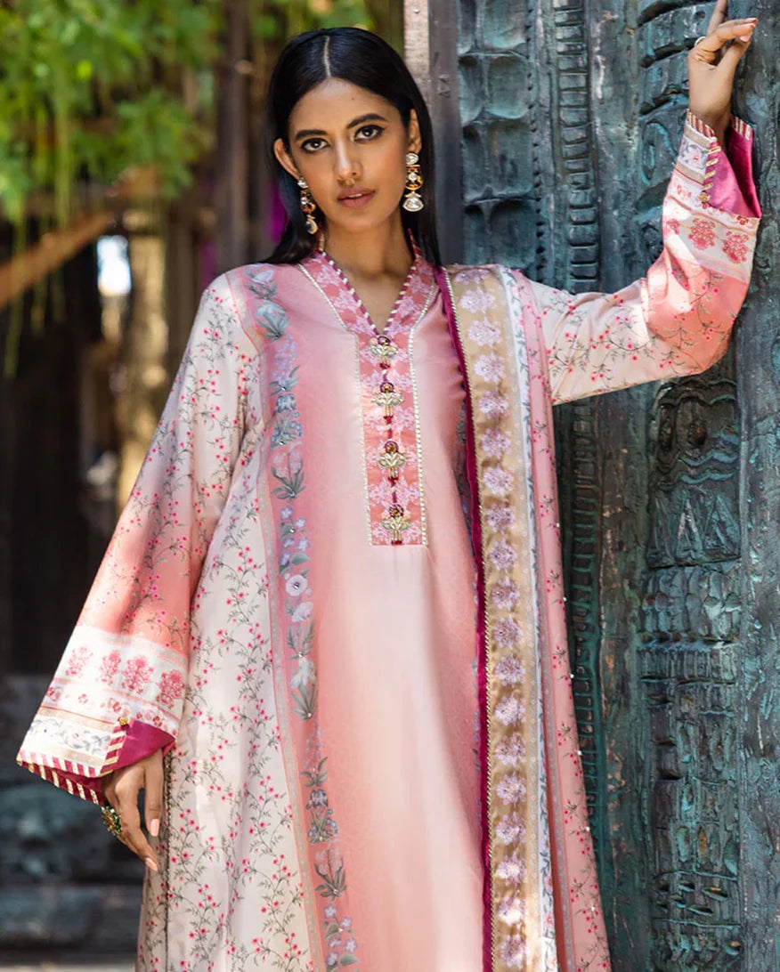 Women Wearing Roseate Coral Long Shirt for Festive Events - Pakistani Designer Wear for Women in UK | Kifat