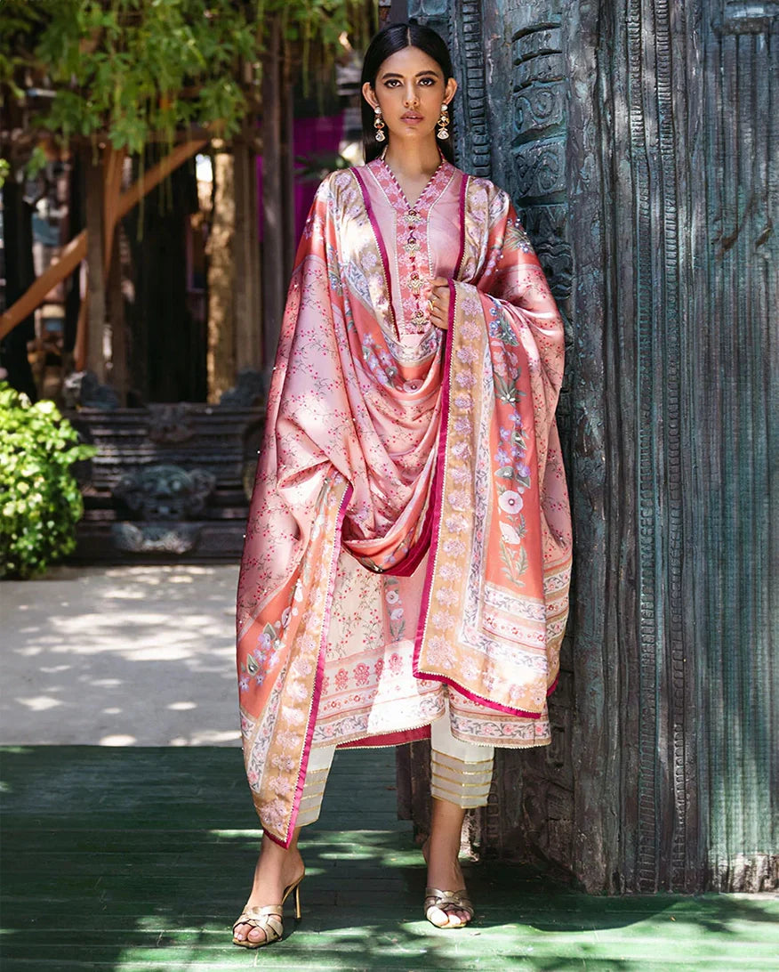 Women Wearing Roseate Coral Long Shirt for Festive Events - Pakistani Designer Wear for Women in UK | Kifat