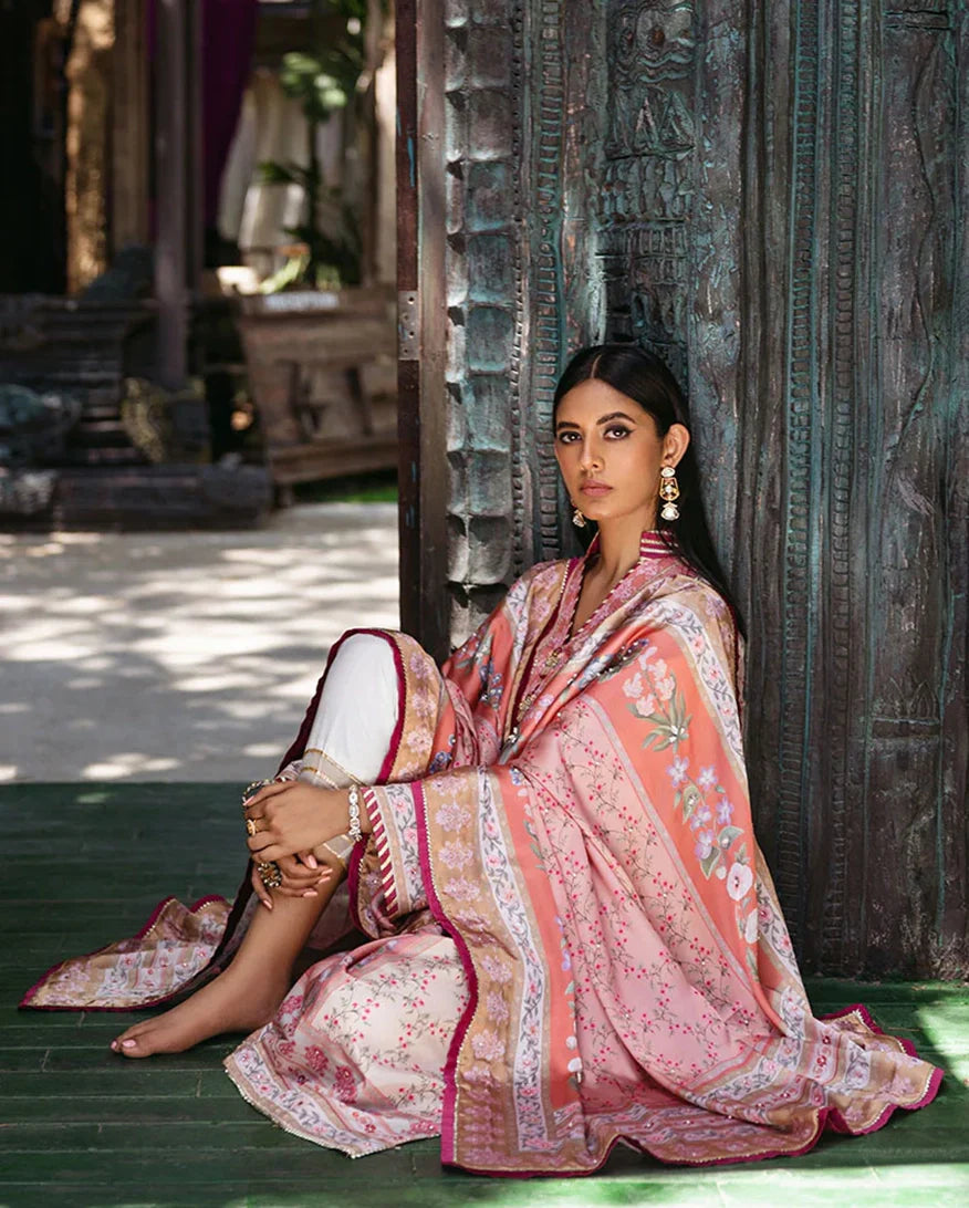 Women Wearing Roseate Coral Long Shirt for Festive Events - Pakistani Designer Wear for Women in UK | Kifat
