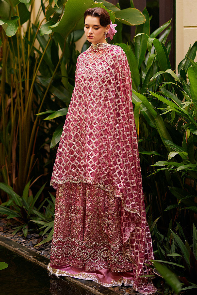 Women Wearing Cupid Magenta Red Front Open Shirt with Sharara for Wedding Events - Pakistani Designer Wear for Women in UK | Kifat