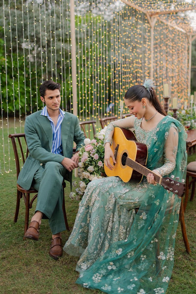 Women Wearing Kahani Aqua Long Shirt for Wedding Events - Pakistani Designer Wear for Women in UK | Kifat