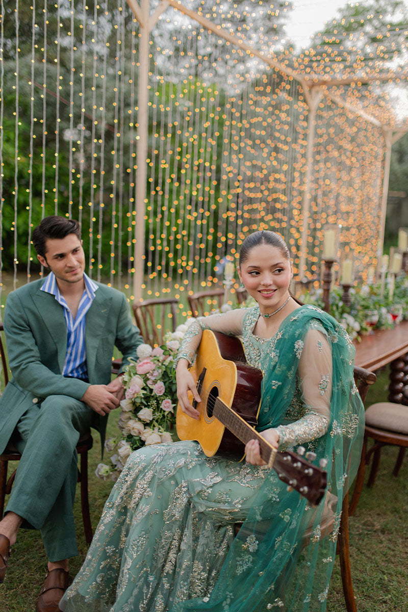 Women Wearing Kahani Aqua Long Shirt for Wedding Events - Pakistani Designer Wear for Women in UK | Kifat