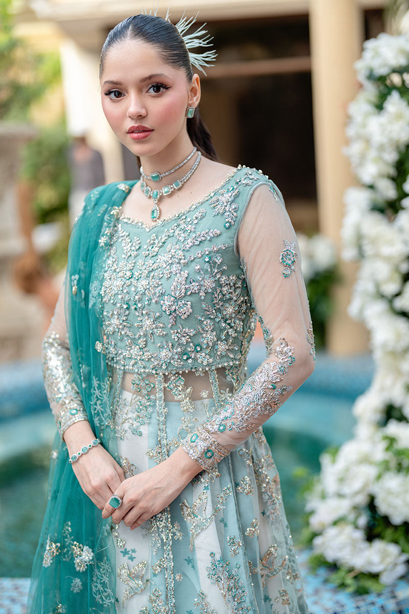 Women Wearing Kahani Aqua Long Shirt for Wedding Events - Pakistani Designer Wear for Women in UK | Kifat