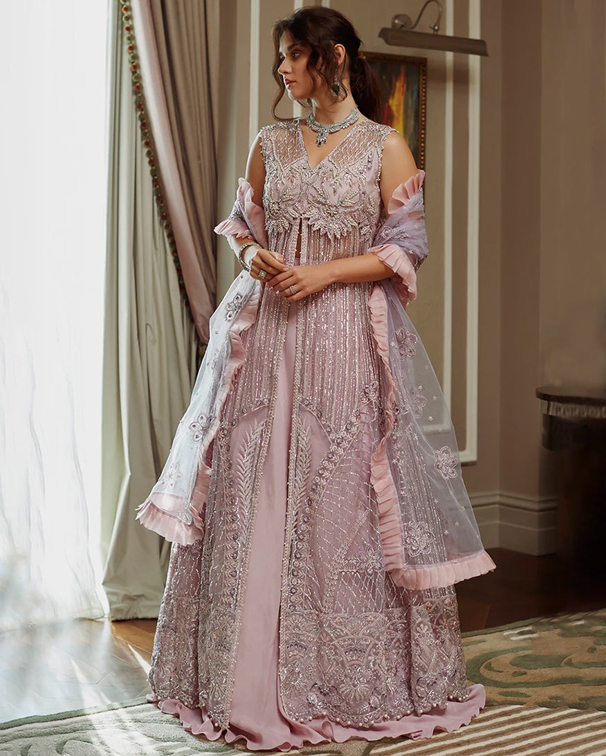 Women Wearing Mabel Lilac Pink Front Open Shirt with Sharara for Wedding Events - Pakistani Designer Wear for Women in UK | Kifat