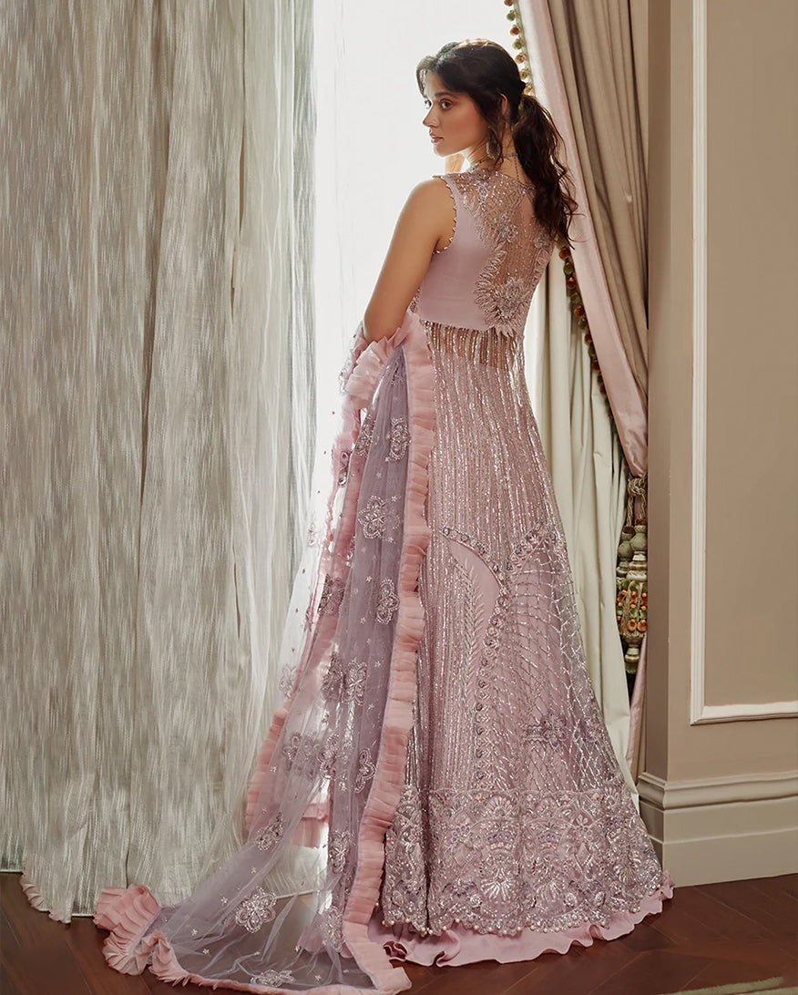 Women Wearing Mabel Lilac Pink Front Open Shirt with Sharara for Wedding Events - Pakistani Designer Wear for Women in UK | Kifat