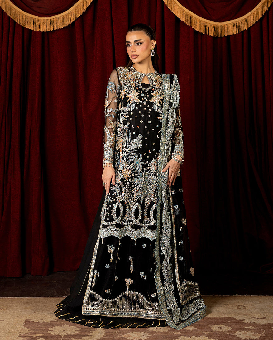 Women Wearing Malika Black Long Shirt with Sharara for Wedding Events - Pakistani Designer Wear for Women in UK | Kifat