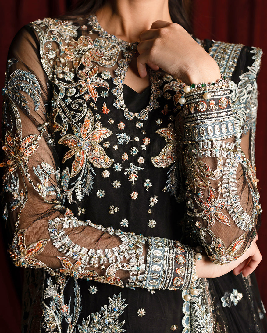Women Wearing Malika Black Long Shirt with Sharara for Wedding Events - Pakistani Designer Wear for Women in UK | Kifat