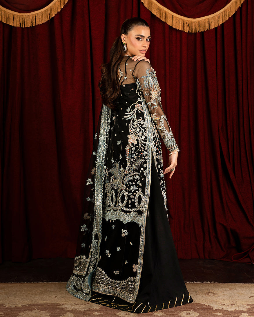 Women Wearing Malika Black Long Shirt with Sharara for Wedding Events - Pakistani Designer Wear for Women in UK | Kifat