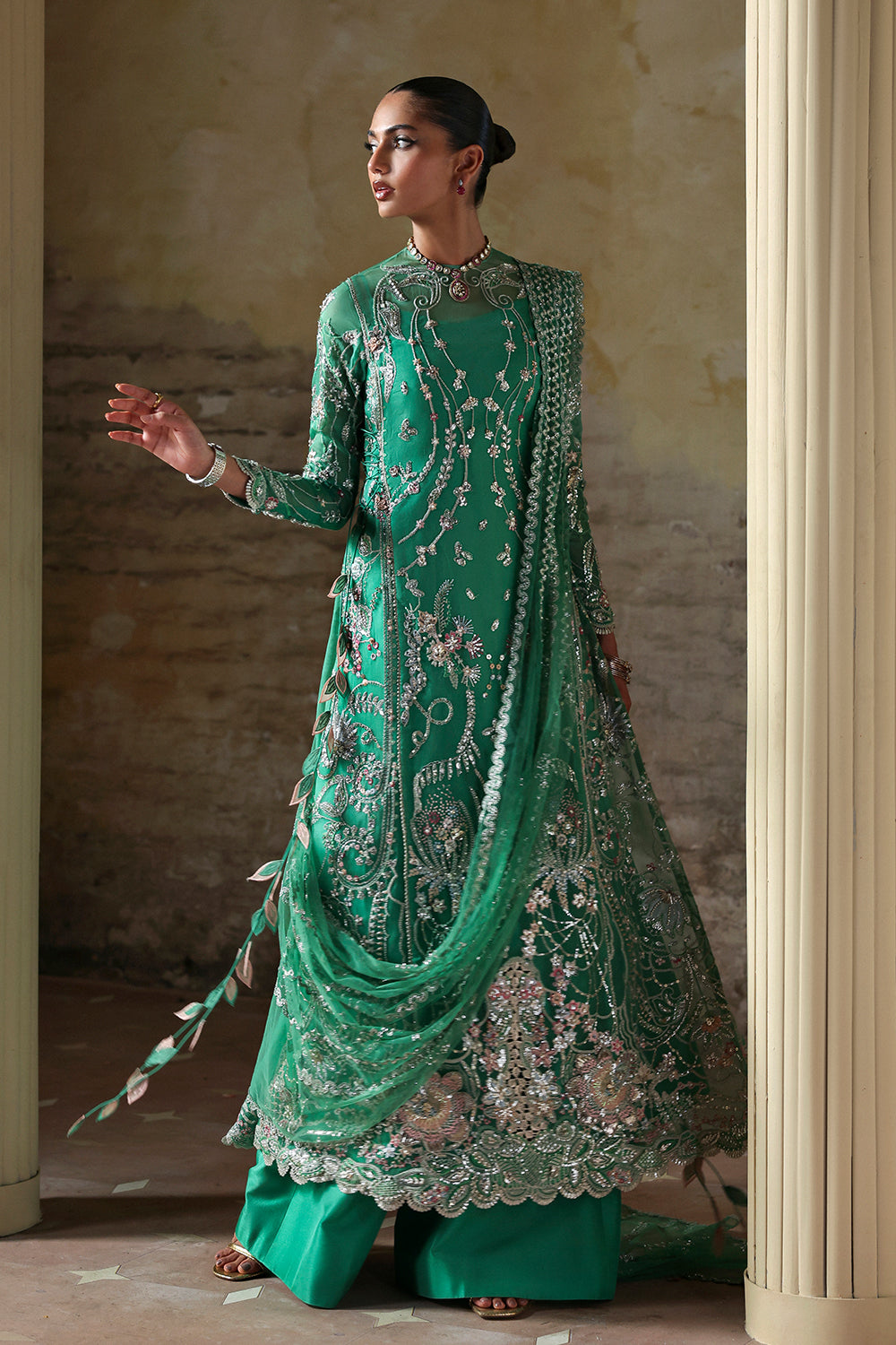 Soraya Maristella Mazari Green Long Shirt for Wedding Wear, Formal Events - Pakistani Designer Wear for Women in UK | Kifat