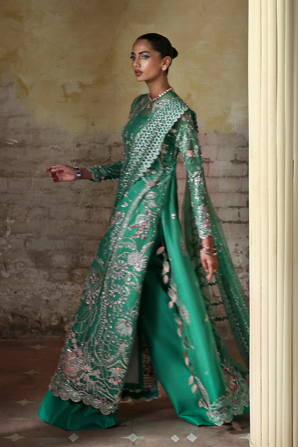 Soraya Maristella Mazari Green Long Shirt for Wedding Wear, Formal Events - Pakistani Designer Wear for Women in UK | Kifat