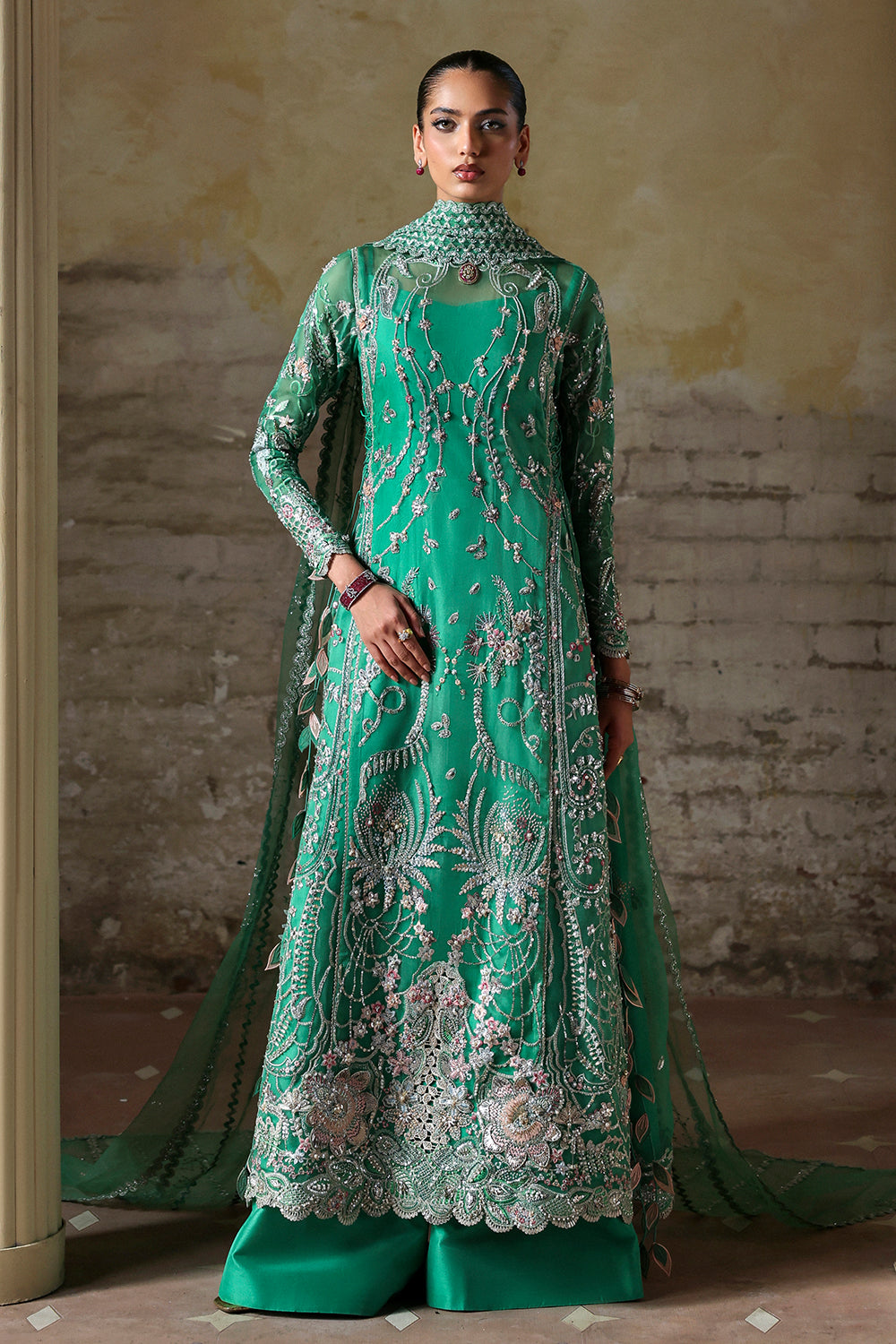 Soraya Maristella Mazari Green Long Shirt for Wedding Wear, Formal Events - Pakistani Designer Wear for Women in UK | Kifat