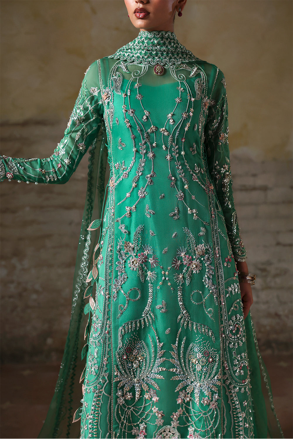 Soraya Maristella Mazari Green Long Shirt for Wedding Wear, Formal Events - Pakistani Designer Wear for Women in UK | Kifat