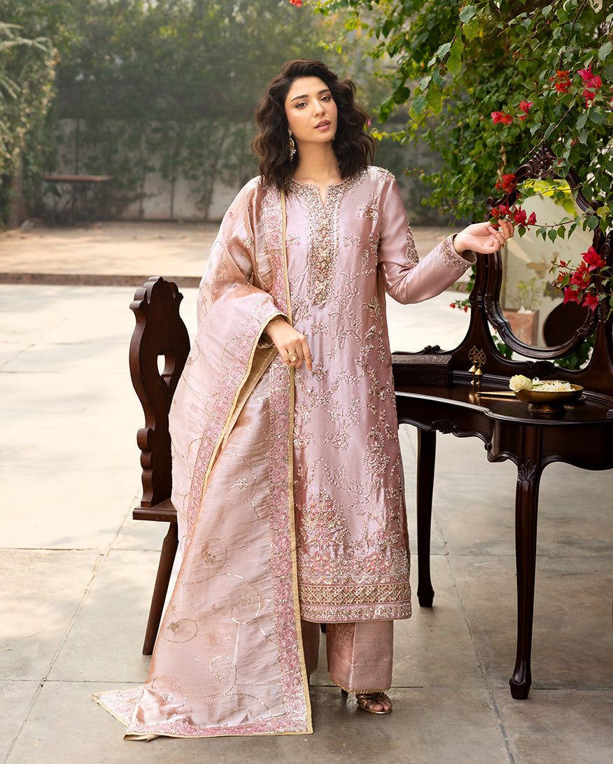 Women Wearing Marium Coral Long Shirt for Formal Events - Pakistani Designer Wear for Women in UK | Kifat