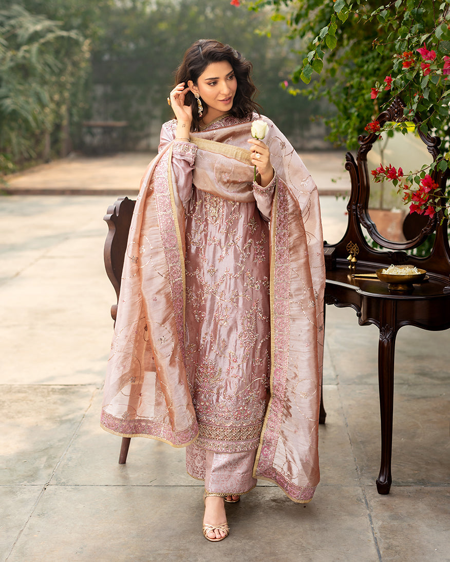 Women Wearing Marium Coral Long Shirt for Formal Events - Pakistani Designer Wear for Women in UK | Kifat