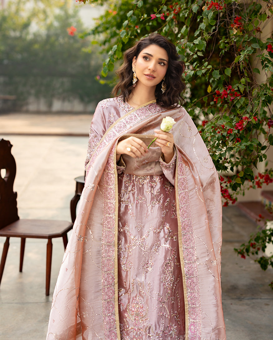 Women Wearing Marium Coral Long Shirt for Formal Events - Pakistani Designer Wear for Women in UK | Kifat