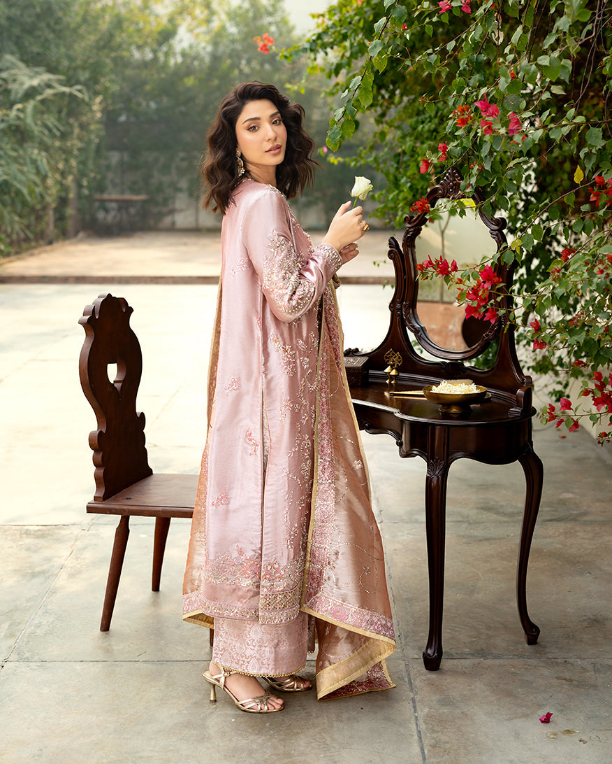 Women Wearing Marium Coral Long Shirt for Formal Events - Pakistani Designer Wear for Women in UK | Kifat