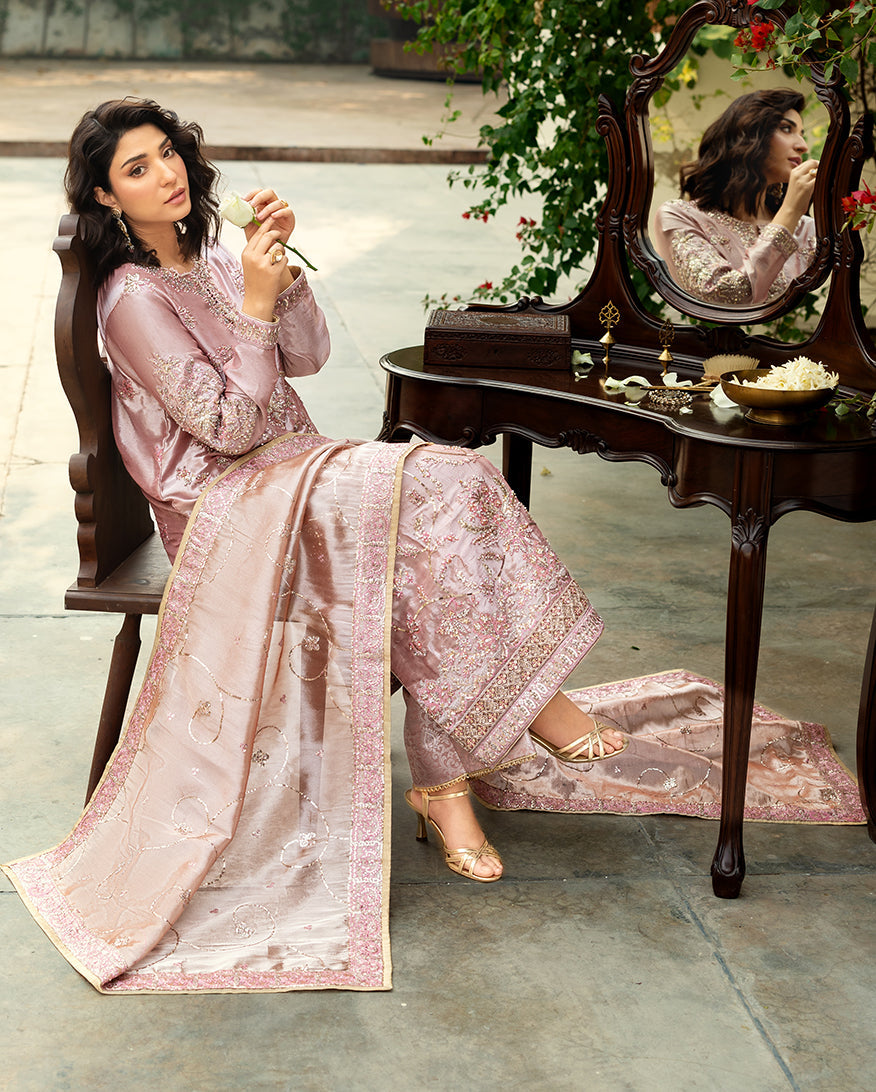 Women Wearing Marium Coral Long Shirt for Formal Events - Pakistani Designer Wear for Women in UK | Kifat