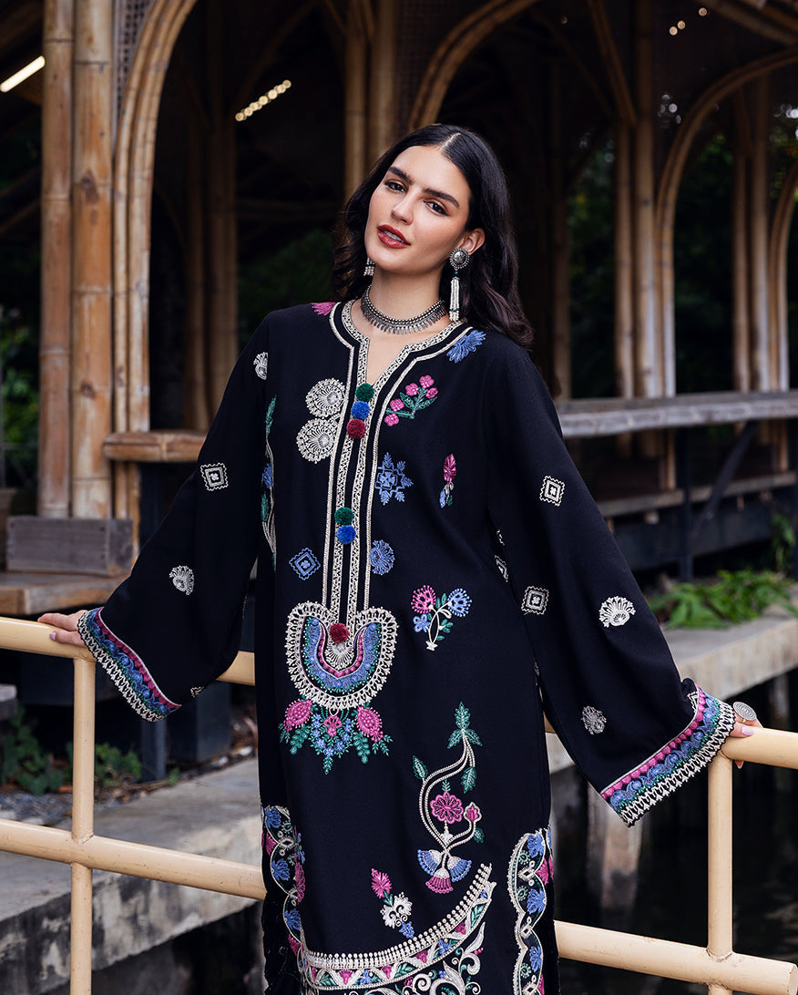 Women Wearing Midnight Rune Black Long Shirt for Luxury Events - Pakistani Designer Wear for Women in UK | Kifat