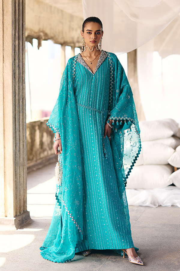 Model Wearing Suffuse by Sana Yasir NAIDA Aqua Teal kaftan-style long shirt with straight pants for Formal Events- Pakistani Designer wear for Women in UK | Kifat