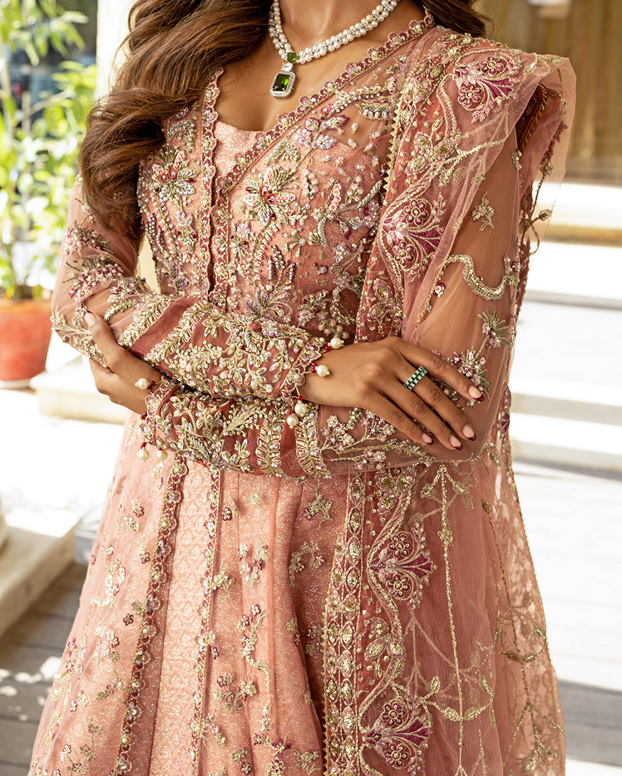 Women Wearing Naina Peach Peshwas for Wedding Events - Pakistani Designer Wear for Women in UK | Kifat