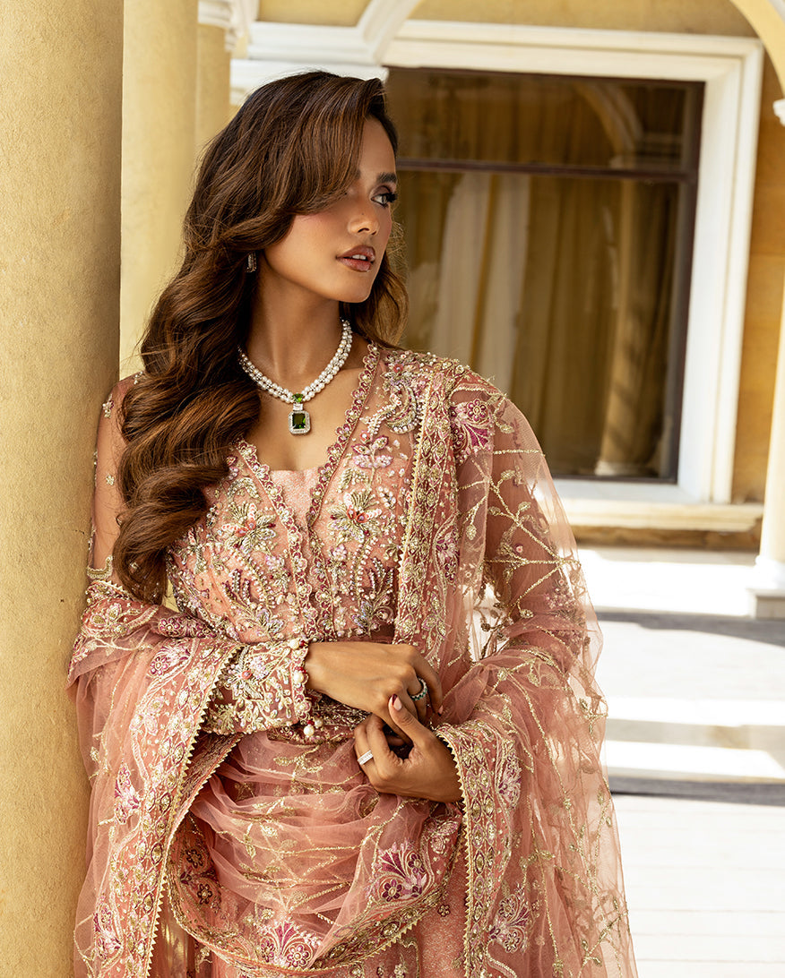 Women Wearing Naina Peach Peshwas for Wedding Events - Pakistani Designer Wear for Women in UK | Kifat