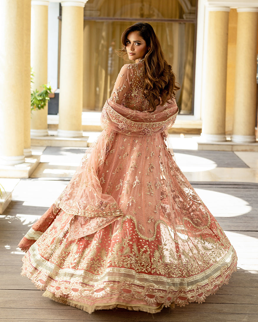 Women Wearing Naina Peach Peshwas for Wedding Events - Pakistani Designer Wear for Women in UK | Kifat