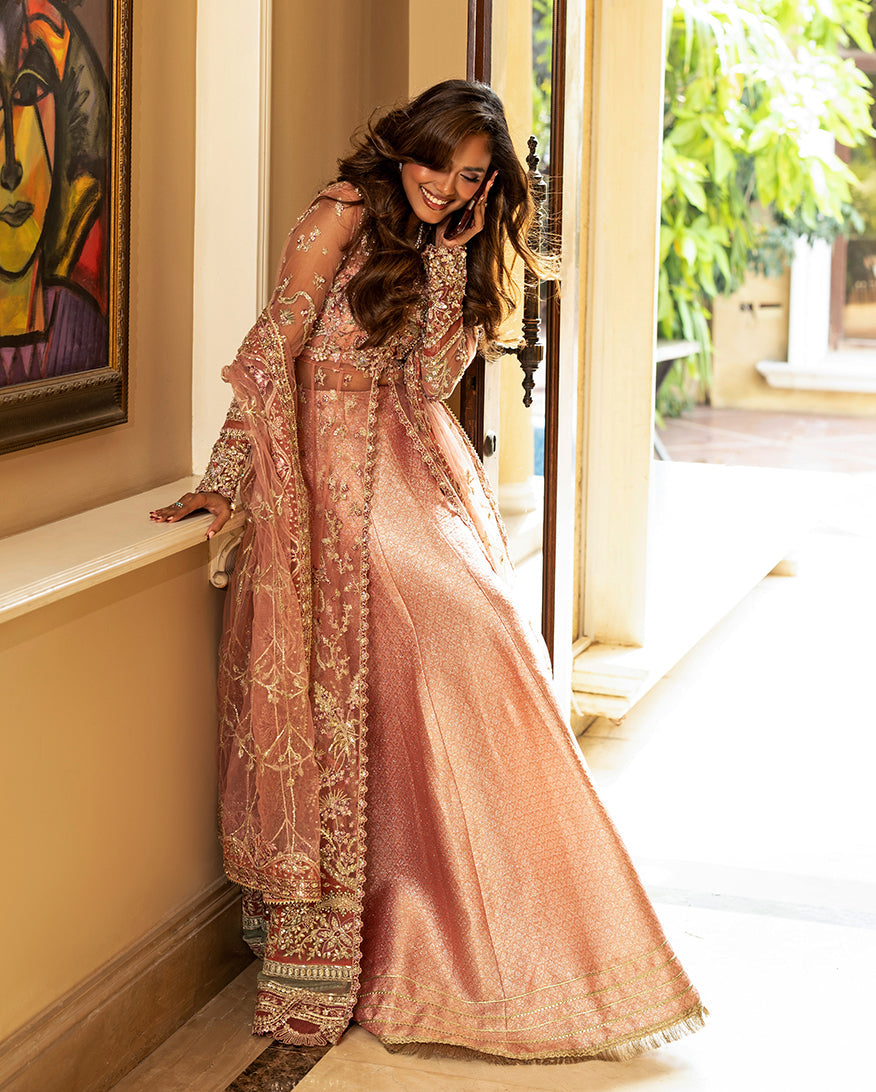 Women Wearing Naina Peach Peshwas for Wedding Events - Pakistani Designer Wear for Women in UK | Kifat