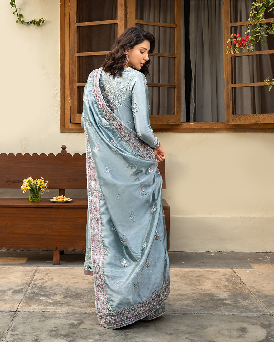 Women Wearing Nissa Sky Blue Long Shirt for Formal Events - Pakistani Designer Wear for Women in UK | Kifat