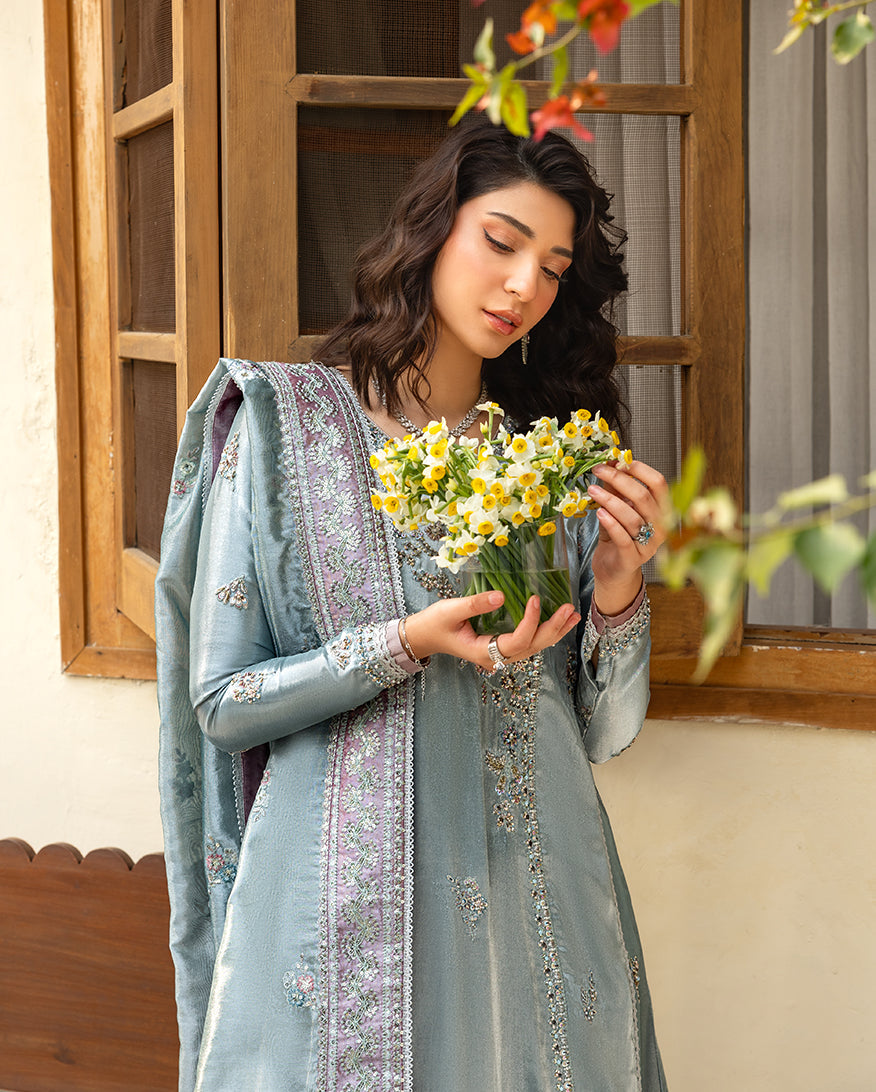 Women Wearing Nissa Sky Blue Long Shirt for Formal Events - Pakistani Designer Wear for Women in UK | Kifat