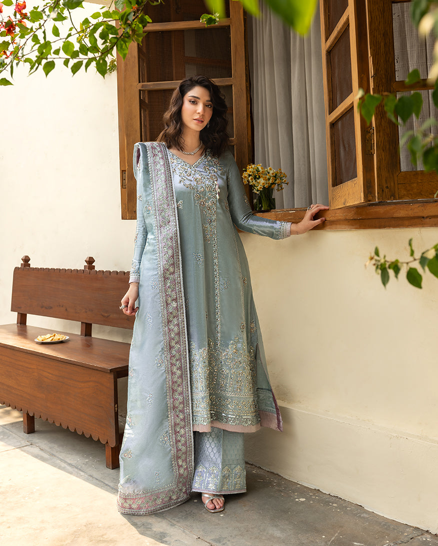 Women Wearing Nissa Sky Blue Long Shirt for Formal Events - Pakistani Designer Wear for Women in UK | Kifat