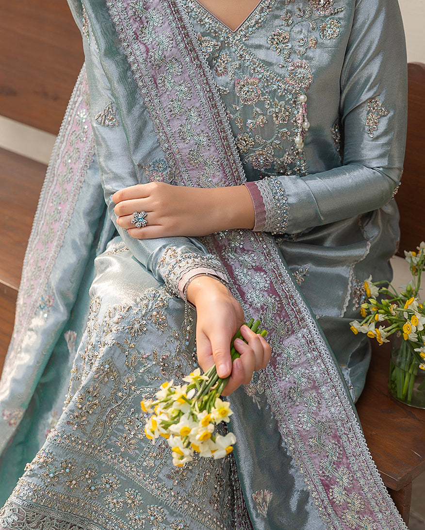 Women Wearing Nissa Sky Blue Long Shirt for Formal Events - Pakistani Designer Wear for Women in UK | Kifat