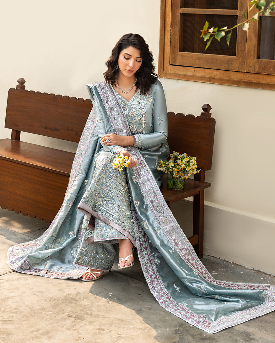 Women Wearing Nissa Sky Blue Long Shirt for Formal Events - Pakistani Designer Wear for Women in UK | Kifat